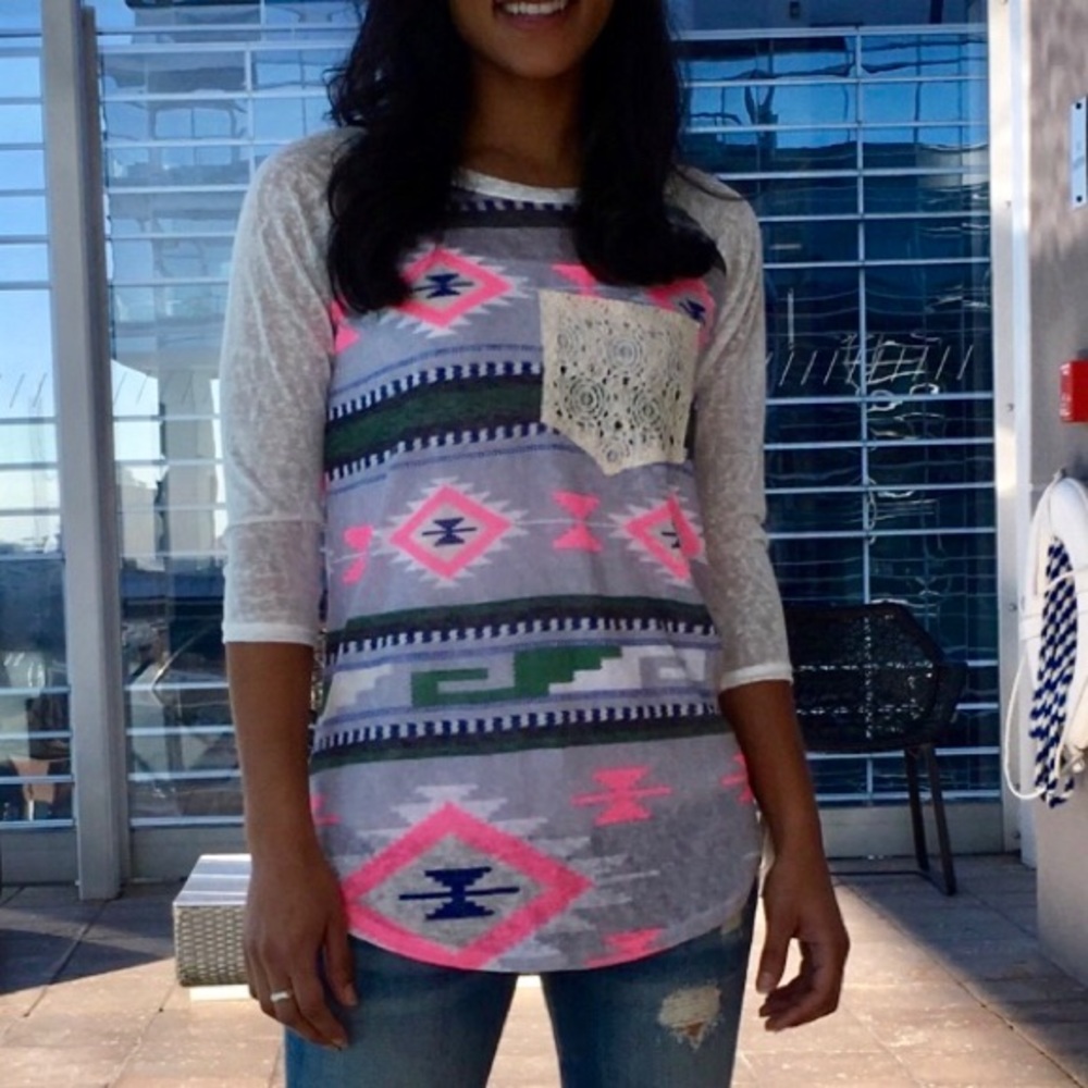 Aztec Print Top with Lace Pocket